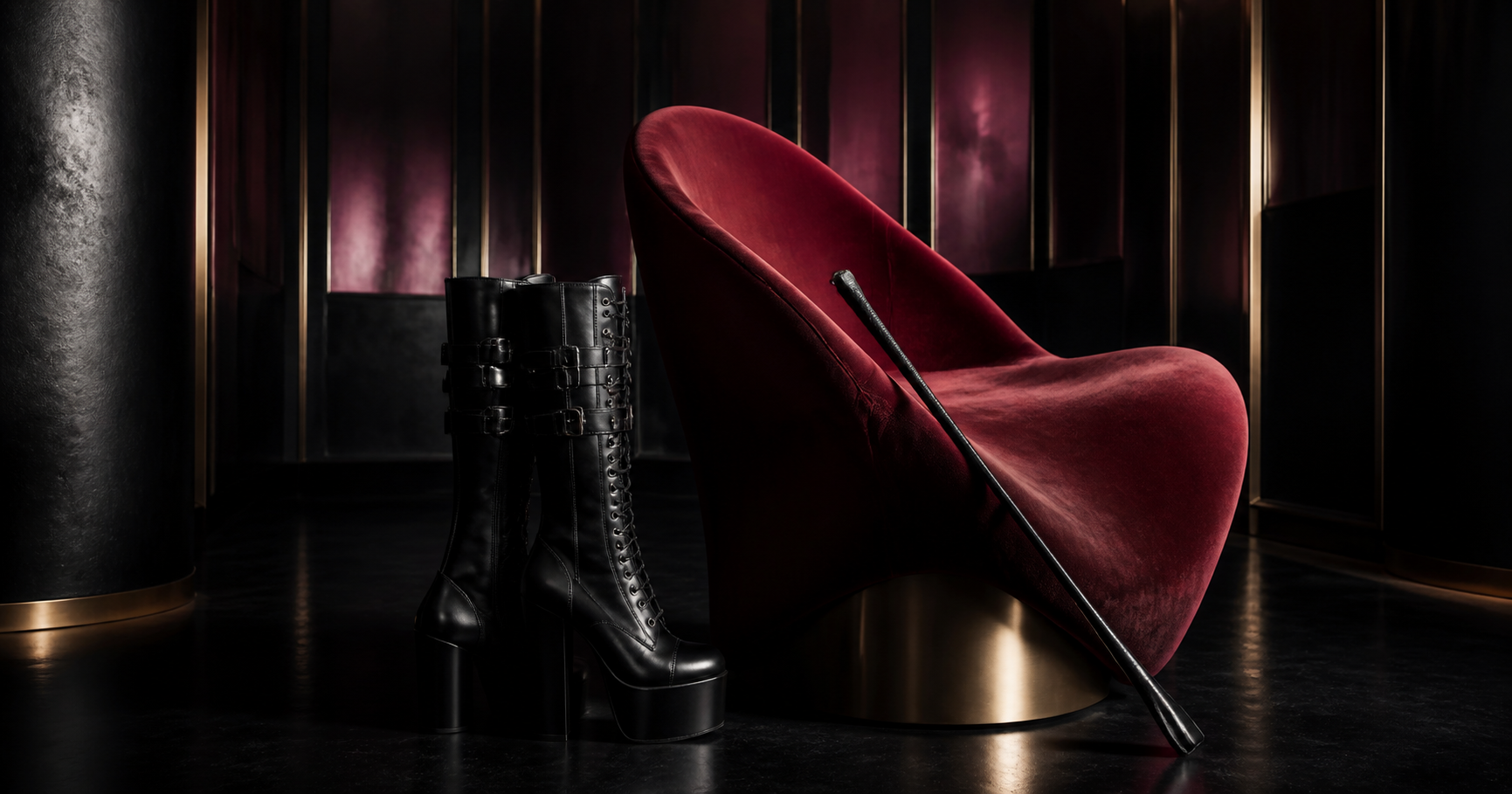 Schwarze Stiefel und Peitsche vor einem roten Sessel